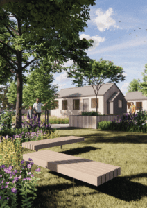 A drawing of benches in a park-like area with flowers and trees, and a house in the background