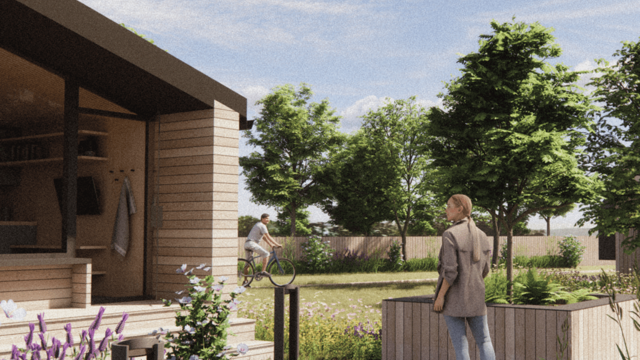 A drawing of a calm green space with a woman looking at a house