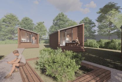 A computer generated image of wooden cabin style houses in a green area